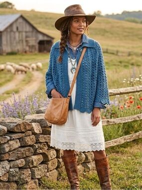 Kimchi & Blue For Anthropologie Light Blue and Gold Thread Crocheted Cape Poncho